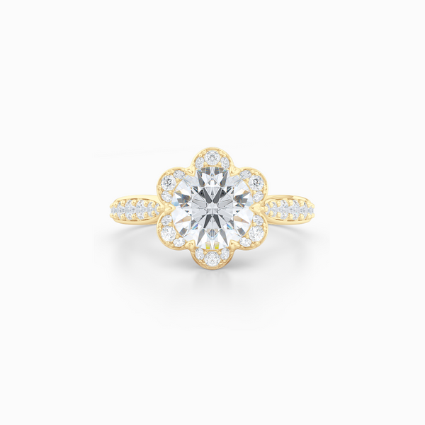 Flower inspired Round Moissanite Halo Engagement Ring. Hand-fabricated in Solid, Sustainable,  Yellow Gold and Charles & Colvard Round Brilliant Moissanite.  Free Shipping USA. 15 Day Returns | BASHERT JEWELRY | Boca Raton, Florida