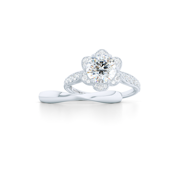 Flower inspired, six-prong, Round Halo Engagement Ring. Hand-fabricated in solid, sustainable, 18K White Gold and GIA Certified Round Brilliant Diamond.  Free Shipping USA. 15 Day Returns | BASHERT JEWELRY | Boca Raton, Florida