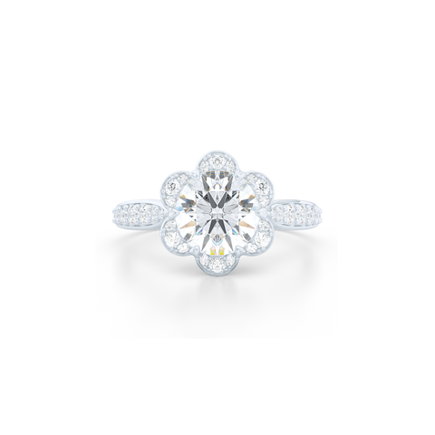 Flower inspired, six-prong, Round Halo Engagement Ring. Hand-fabricated in solid, sustainable, 14K White Gold and GIA Certified Round Brilliant Diamond.  Free Shipping USA. 15 Day Returns | BASHERT JEWELRY | Boca Raton, Florida