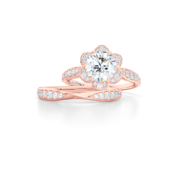 Flower inspired, six-prong, Round Halo Engagement Ring. Hand-fabricated in solid, sustainable, 18K Rose Gold and GIA Certified Round Brilliant Diamond.  Free Shipping USA. 15 Day Returns | BASHERT JEWELRY | Boca Raton, Florida