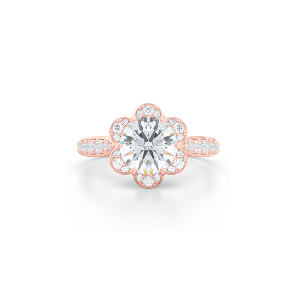 Flower inspired, six-prong, Round Halo Engagement Ring. Hand-fabricated in solid, sustainable, 14K Rose Gold and GIA Certified Round Brilliant Diamond.  Free Shipping USA. 15 Day Returns | BASHERT JEWELRY | Boca Raton, Florida
