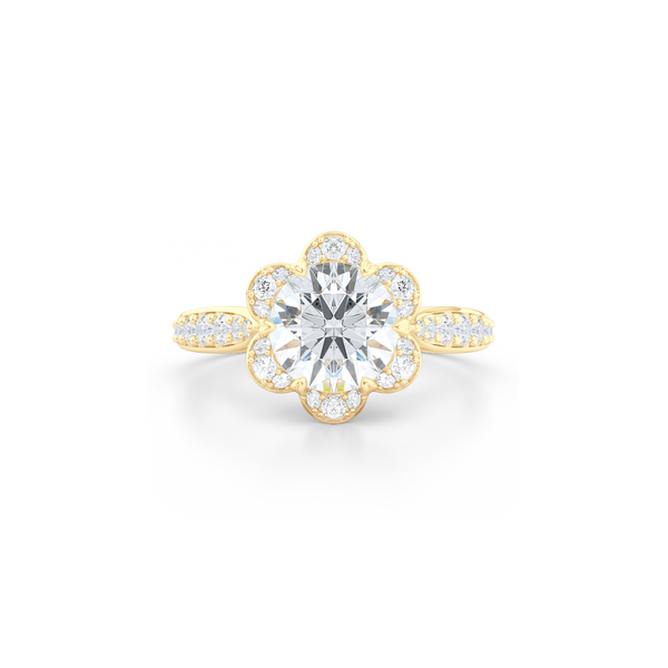 Flower inspired, six-prong, Round Halo Engagement Ring. Hand-fabricated in solid, sustainable, 18K Yellow Gold and GIA Certified Round Brilliant Diamond.  Free Shipping USA. 15 Day Returns | BASHERT JEWELRY | Boca Raton, Florida