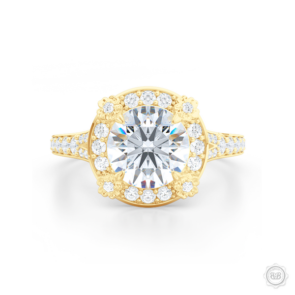 Flower inspired Round Diamond Halo Engagement ring with a vintage appeal, set in Classic Yellow Gold. Signature floret prongs, dazzling baby-split ring shoulders. Gia certified Round Brilliant Diamond. Free Shipping USA. 30-Day Returns | BASHERT JEWELRY | Boca Raton, Florida.