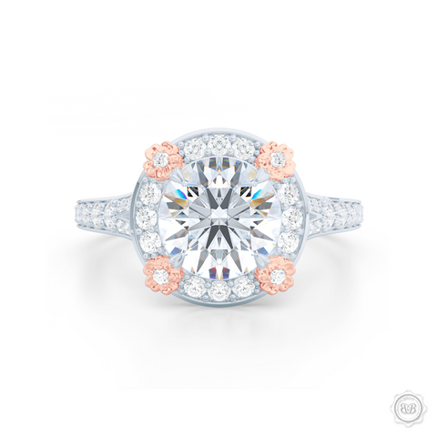 Flower inspired Round Diamond Halo Engagement ring with a vintage appeal, set in White Gold, Platinum and Romantic Rose Gold florets. Signature floret prongs, dazzling baby-split ring shoulders. Gia certified Round Brilliant Diamond. Free Shipping USA. 30-Day Returns | BASHERT JEWELRY | Boca Raton, Florida.