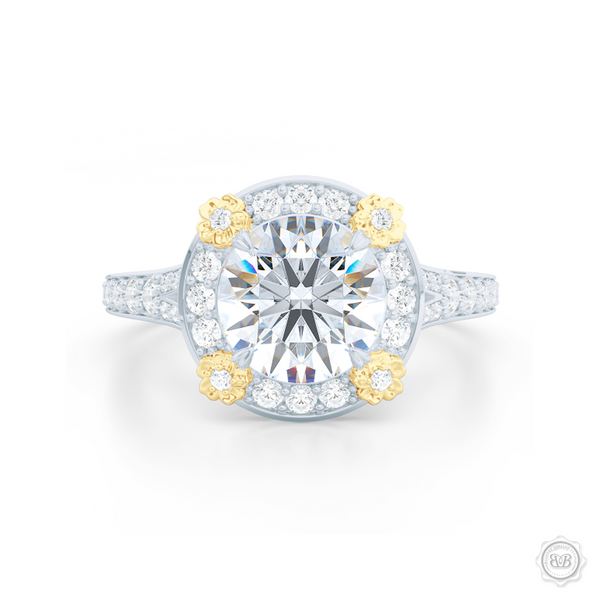 Flower inspired Round Diamond Halo Engagement ring with a vintage appeal, set in White Gold, Platinum and Classic Yellow Gold florets. Signature floret prongs, dazzling baby-split ring shoulders. Gia certified Round Brilliant Diamond. Free Shipping USA. 30-Day Returns | BASHERT JEWELRY | Boca Raton, Florida.