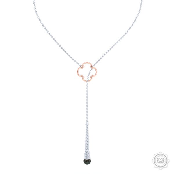 Akoya Black Pearl Lariat Necklace in Silver and Rose Gold Venetian Accent. Free Shipping USA. 30Day Returns. Free Silver Chain | BASHERT JEWELRY | Boca Raton Florida