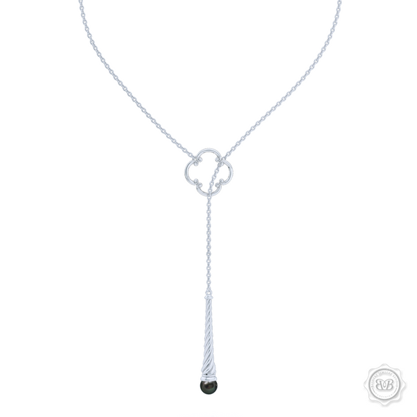Akoya Black Pearl Lariat Necklace in Silver and Silver Venetian Accent. Free Shipping USA. 30Day Returns. Free Silver Chain | BASHERT JEWELRY | Boca Raton Florida