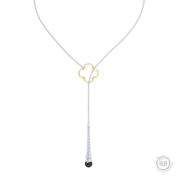 Akoya Black Pearl Lariat Necklace in Silver and Yellow Gold Venetian Accent. Free Shipping USA. 30Day Returns. Free Silver Chain | BASHERT JEWELRY | Boca Raton Florida