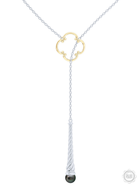 Akoya Black Pearl Lariat Necklace in Silver and Yellow Gold Venetian Accent. Free Shipping USA. 30Day Returns. Free Silver Chain | BASHERT JEWELRY | Boca Raton Florida