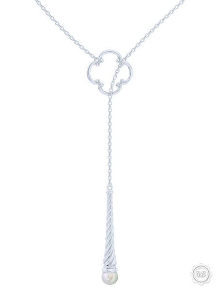 Akoya White Pearl Lariat Necklace in Silver and Silver Venetian Accent. Free Shipping USA. 30Day Returns. Free Silver Chain | BASHERT JEWELRY | Boca Raton Florida