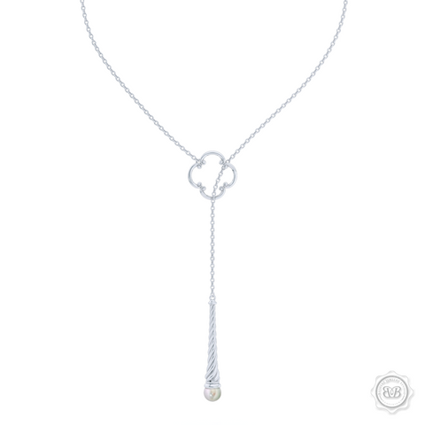 Akoya White Pearl Lariat Necklace in Silver and Silver Venetian Accent. Free Shipping USA. 30Day Returns. Free Silver Chain | BASHERT JEWELRY | Boca Raton Florida