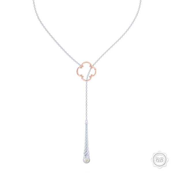 Akoya White Pearl Lariat Necklace in Silver and Rose Gold Venetian Accent. Free Shipping USA. 30Day Returns. Free Silver Chain | BASHERT JEWELRY | Boca Raton Florida