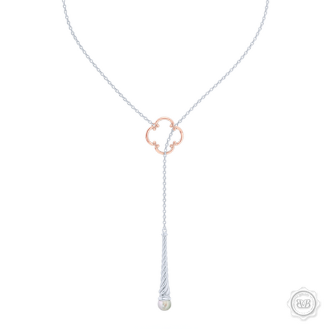 Akoya White Pearl Lariat Necklace in Silver and Rose Gold Venetian Accent. Free Shipping USA. 30Day Returns. Free Silver Chain | BASHERT JEWELRY | Boca Raton Florida