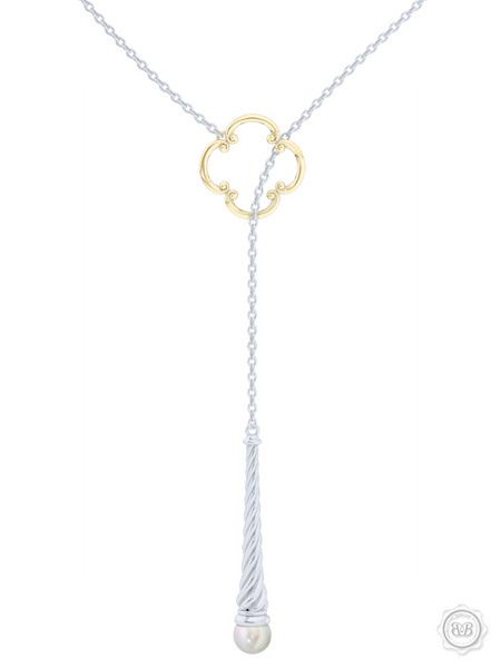 Akoya White Pearl Lariat Necklace in Silver and Yellow Gold Venetian Accent. Free Shipping USA. 30Day Returns. Free Silver Chain | BASHERT JEWELRY | Boca Raton Florida