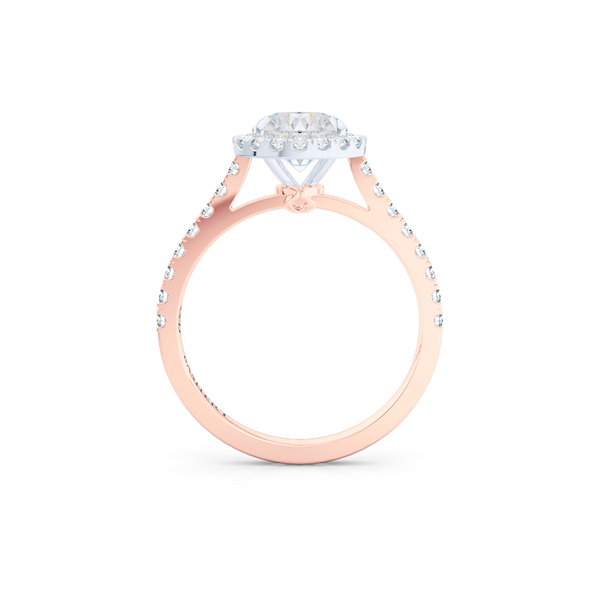 Classic Round Halo Engagement Ring, hand-fabricated in two-tone metal - Romantic Rose Gold and Precious Platinum. The center stone is a Round Brilliant, Forever-One Moissanite by Charles and Colvard. Dazzling diamond micro pavè set shoulders and crown. Free Shipping USA. 15 Day Returns | BASHERT JEWELRY | Boca Raton, Florida.