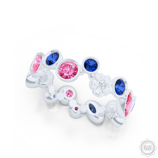 Unique Floral Motif Eternity Ring, Handcrafted in White Gold or Precious Platinum, Royal Blue and Candy Pink Sapphires. Customize it with Birthstones or Anniversary gems of Your Choice. Free Shipping USA. 30Day Returns. BASHERT JEWELRY | Boca Raton, Florida