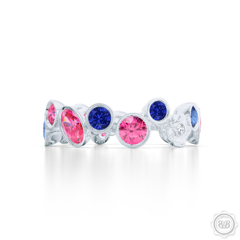 Unique Floral Motif Eternity Ring, Handcrafted in White Gold or Precious Platinum, Royal Blue and Candy Pink Sapphires. Customize it with Birthstones or Anniversary gems of Your Choice. Free Shipping USA. 30 Day Returns. BASHERT JEWELRY | Boca Raton, Florida
