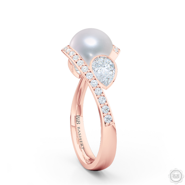 Unique Infinity Pearl Engagement Ring handcrafted in Romantic Rose Gold. Award-winning design featuring dazzling 10.00mm Cultured Akoya Pearl, accentuated by matching GIA Certified, Pear Shaped Diamonds. The infinity intertwined shoulders of the ring are adorned with Round Brilliant diamonds, set in classic bead-set. Free Shipping for All USA Orders. 30Day Returns | BASHERT JEWELRY | Boca Raton, Florida