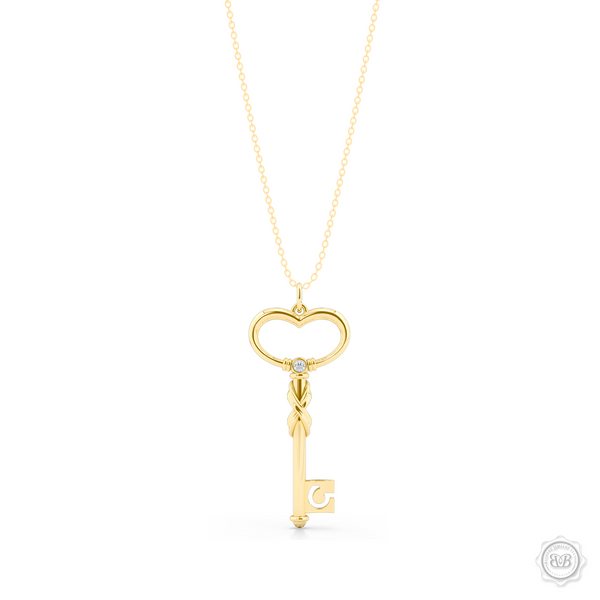 Heart Key Pendant Necklace with an Infinity Twist element. Handcrafted in Classic Yellow Gold. We can further style this design with a birthstone of choice. Free Shipping USA. 30-Day Returns. Free Silver Chain | BASHERT JEWELRY | Boca Raton, Florida