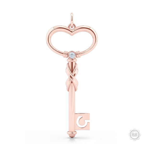 Heart Key Pendant Necklace with an Infinity Twist element. Handcrafted in Romantic Rose Gold. We can further style this design with a birthstone of choice. Free Shipping USA. 30-Day Returns. Free Silver Chain | BASHERT JEWELRY | Boca Raton, Florida