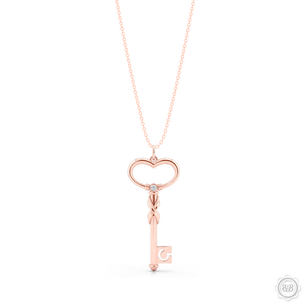Heart Key Pendant Necklace with an Infinity Twist element. Handcrafted in Romantic Rose Gold. We can further style this design with a birthstone of choice. Free Shipping USA. 30-Day Returns. Free Silver Chain | BASHERT JEWELRY | Boca Raton, Florida
