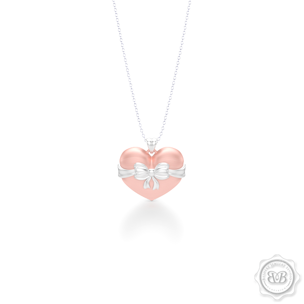 Heart Pendant, Heart Charm, Heart Necklace, Handcrafted in Romantic Rose Gold. Bright White Gold Bow Accent. Free Shipping to all USA. 30Day Returns. Free Silver Chain option. BASHERT JEWELRY | Boca Raton, Florida