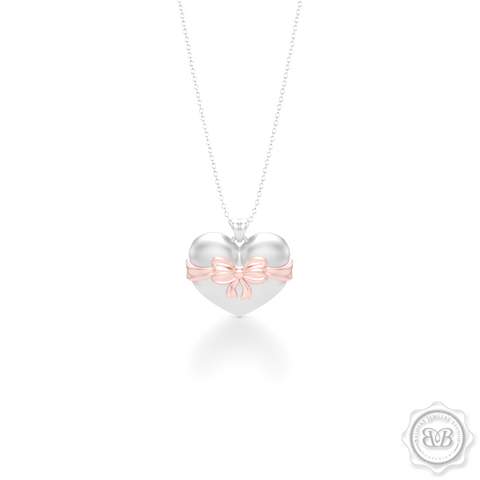 Heart Pendant, Heart Charm, Heart Necklace, Handcrafted in White Gold. Romantic Rose Gold Bow Accent. Free Shipping to all USA. 30Day Returns. Free Silver Chain option. BASHERT JEWELRY | Boca Raton, Florida