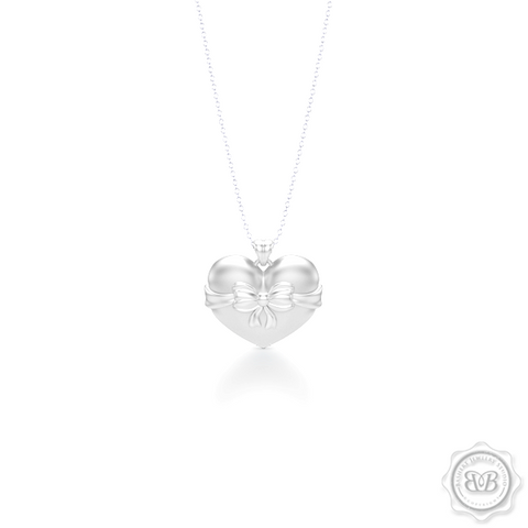 Heart Pendant, Heart Charm, Heart Necklace, Handcrafted in White Gold. Bright White Gold Bow Accent. Free Shipping to all USA. 30Day Returns. Free Silver Chain option. BASHERT JEWELRY | Boca Raton, Florida