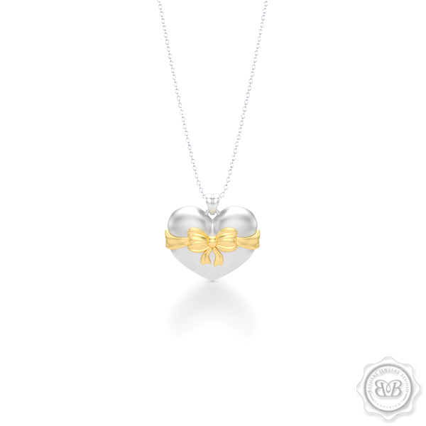 Heart Pendant, Heart Charm, Heart Necklace, Handcrafted in White Gold. Classic Yellow Gold Bow Accent. Free Shipping to all USA. 30Day Returns. Free Silver Chain option. BASHERT JEWELRY | Boca Raton, Florida