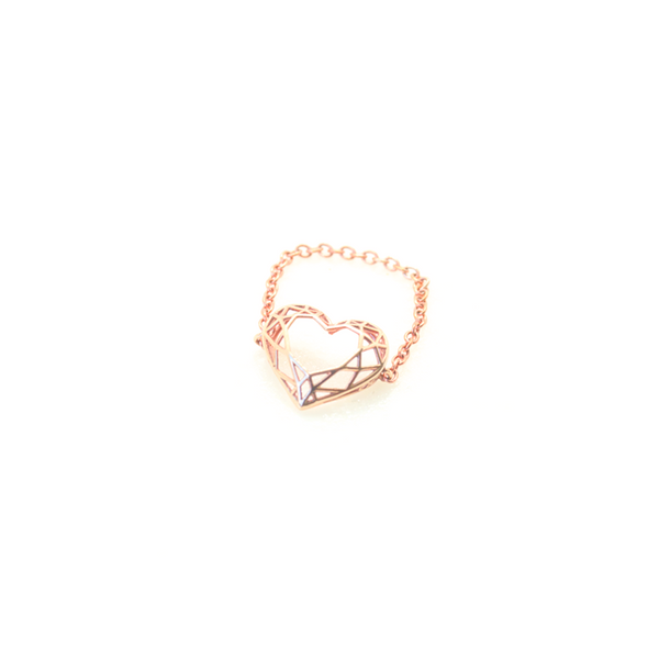 Heart shaped  pinkie, chain or bar ring. Hand-fabricated in ethically sourced, solid Rose Gold.  | Free Shipping on all orders in The USA. |  Bashert Jewelry.  Boca Raton Florida.
