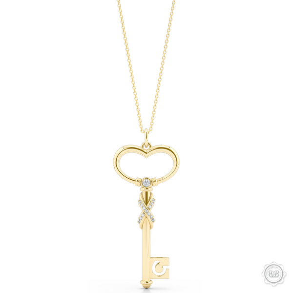 Heart Key Pendant Necklace with a Diamond Adorned Infinity Twist. Handcrafted in Classic Yellow Gold. Style this design with a gem of your choice to create a unique look that's exactly you. Available in two sizes. Free Shipping USA. 30Day Returns. Free Silver Chain | BASHERT JEWELRY | Boca Raton Florida