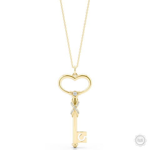 Heart Key Pendant Necklace with a Diamond Adorned Infinity Twist. Handcrafted in Classic Yellow Gold. Style this design with a gem of your choice to create a unique look that's exactly you. Available in two sizes. Free Shipping USA. 30Day Returns. Free Silver Chain | BASHERT JEWELRY | Boca Raton Florida