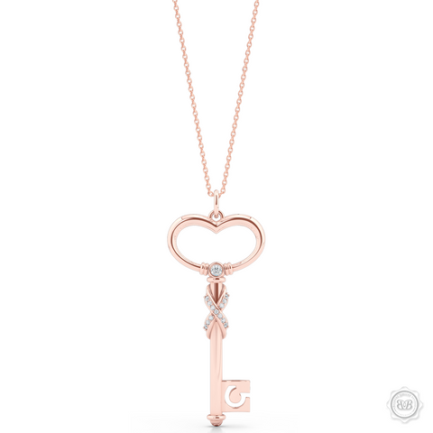 Heart Key Pendant Necklace with a Diamond Adorned Infinity Twist. Handcrafted in Romantic Rose Gold. Style this design with a gem of your choice to create a unique look that's exactly you. Available in two sizes. Free Shipping USA. 30Day Returns. Free Silver Chain | BASHERT JEWELRY | Boca Raton Florida