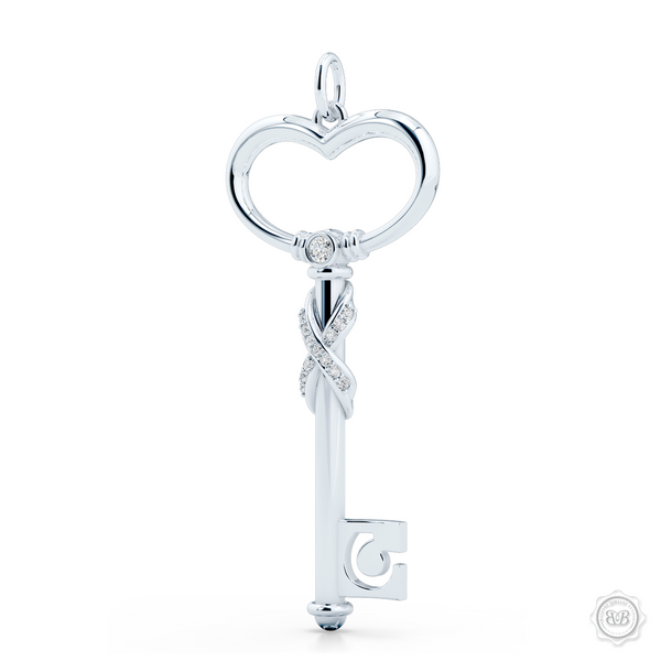 Heart Key Pendant Necklace with a Diamond Adorned Infinity Twist. Handcrafted in Sterling Silver or White Gold. Style this design with a gem of your choice to create a unique look that's exactly you. Available in two sizes. Free Shipping USA. 30Day Returns. Free Silver Chain | BASHERT JEWELRY | Boca Raton Florida