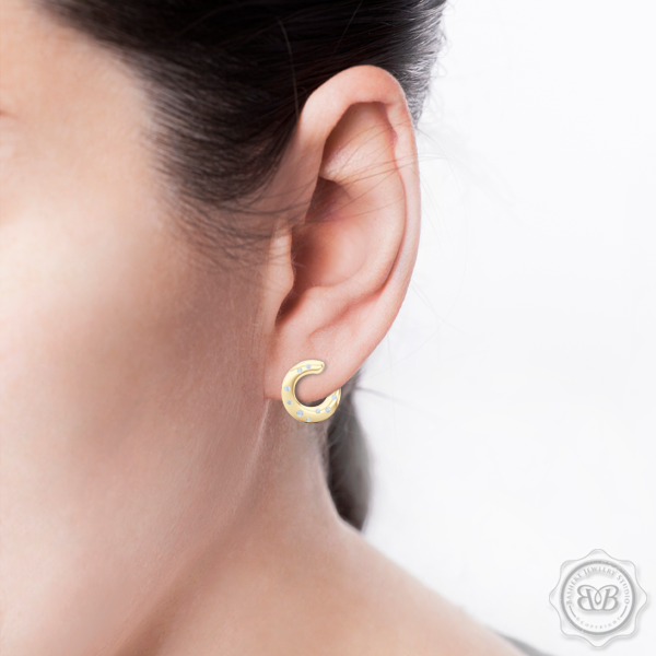 Inside-Out Dainty Ear-hugging Hoops. Handcrafted in Classic Yellow Gold and Round Brilliant Diamonds. Free Shipping for All USA Orders. 30Day Returns | BASHERT JEWELRY | Boca Raton, Florida