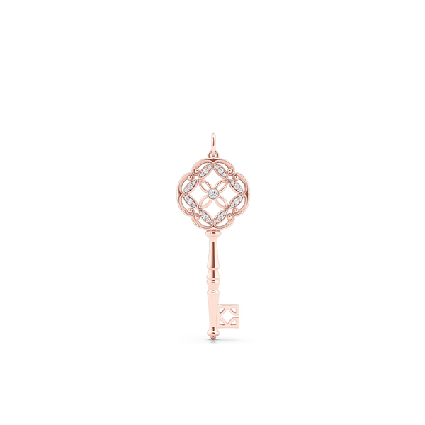 An intricate Key Pendant Necklace with an elegant Venetian elements. Hand-fabricated in sustainable, solid Rose Gold. Adorned with 0.18ct Round Brilliant Diamonds. Free Shipping for All USA Orders. 15 Day Returns | BASHERT JEWELRY | Boca Raton, Florida