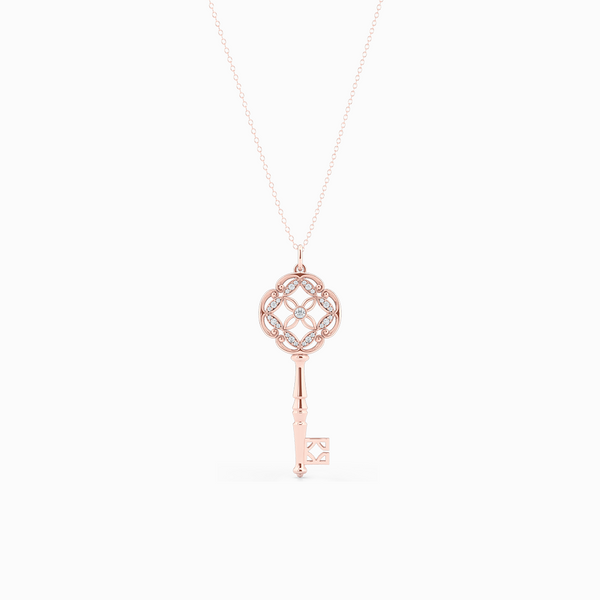 An intricate Key Pendant Necklace with an elegant Venetian elements. Hand-fabricated in sustainable, solid Rose Gold. Adorned with 0.18ct Round Brilliant Diamonds. Free Shipping for All USA Orders. 15 Day Returns | BASHERT JEWELRY | Boca Raton, Florida