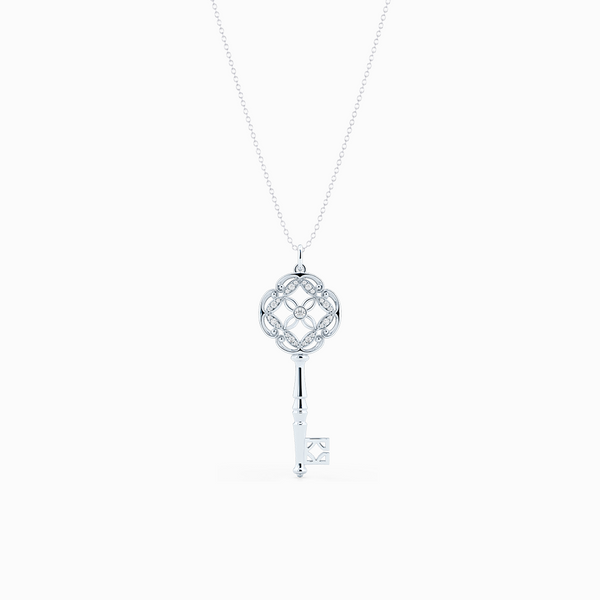An intricate Key Pendant Necklace with an elegant Venetian elements. Hand-fabricated in sustainable, solid White Gold. Adorned with 0.18ct Round Brilliant Diamonds. Free Shipping for All USA Orders. 15 Day Returns | BASHERT JEWELRY | Boca Raton, Florida