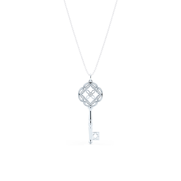 An intricate Key Pendant Necklace with an elegant Venetian elements. Hand-fabricated in sustainable, solid White Gold. Adorned with 0.18ct Round Brilliant Diamonds. Free Shipping for All USA Orders. 15 Day Returns | BASHERT JEWELRY | Boca Raton, Florida