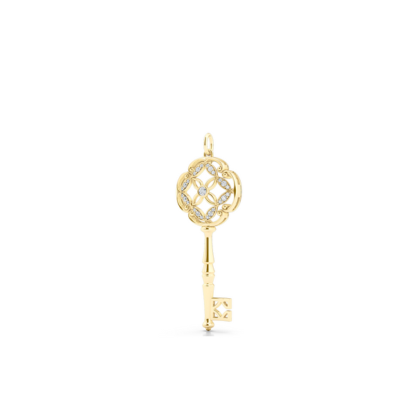 An intricate Key Pendant Necklace with an elegant Venetian elements. Hand-fabricated in sustainable, solid Yellow Gold. Adorned with 0.18ct Round Brilliant Diamonds. Free Shipping for All USA Orders. 15 Day Returns | BASHERT JEWELRY | Boca Raton, Florida