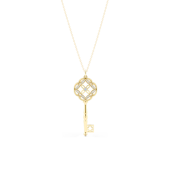An intricate Key Pendant Necklace with an elegant Venetian elements. Hand-fabricated in sustainable, solid Yellow Gold. Adorned with 0.18ct Round Brilliant Diamonds. Free Shipping for All USA Orders. 15 Day Returns | BASHERT JEWELRY | Boca Raton, Florida
