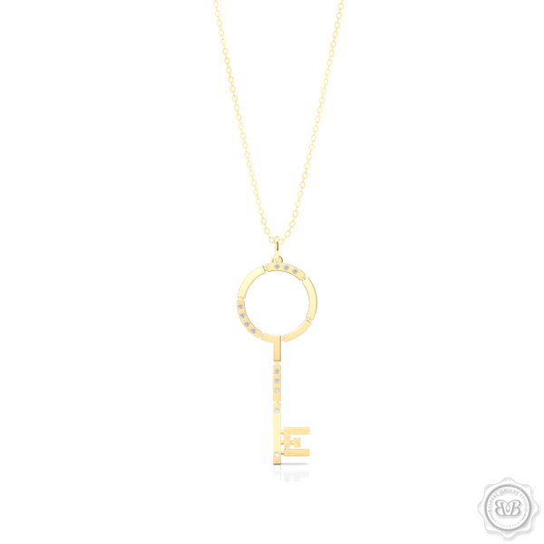 An elegant, streamlined Key Pendant Necklace with modern architectural appeal and urban grace. Crafted in Classic Yellow Gold. This design is constructed of Polished and Brushed Metal Segments and Iced with 0.06ct - Round Brilliant Diamonds.  Available in two Sizes. Free Silver Chain Option . Free Shipping on All USA Orders. 30 Day Returns | BASHERT JEWELRY | Boca Raton, Florida