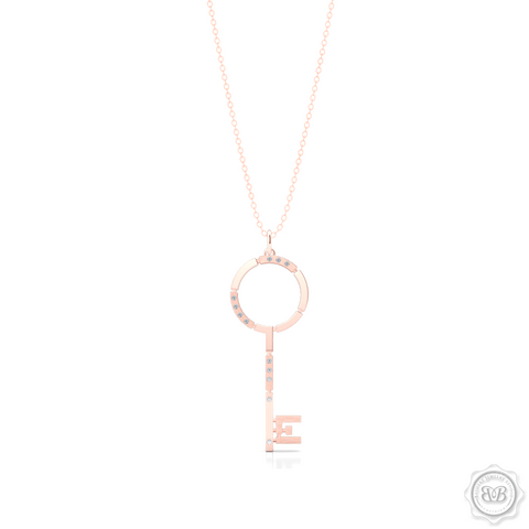 An elegant, streamlined Key Pendant Necklace with modern architectural appeal and urban grace. Crafted in Romantic Rose Gold. This design is constructed of Polished and Brushed Metal Segments and Iced with 0.06ct - Round Brilliant Diamonds.  Available in two Sizes. Free Silver Chain Option . Free Shipping on All USA Orders. 30 Day Returns | BASHERT JEWELRY | Boca Raton, Florida