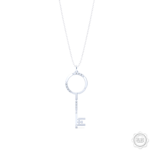 An elegant, streamlined Key Pendant Necklace with modern architectural appeal and urban grace. Crafted in Silver or White Gold. This design is constructed of Polished and Brushed Metal Segments and Iced with 0.06ct - Round Brilliant Diamonds.  Available in two Sizes. Free Silver Chain Option . Free Shipping on All USA Orders. 30 Day Returns | BASHERT JEWELRY | Boca Raton, Florida