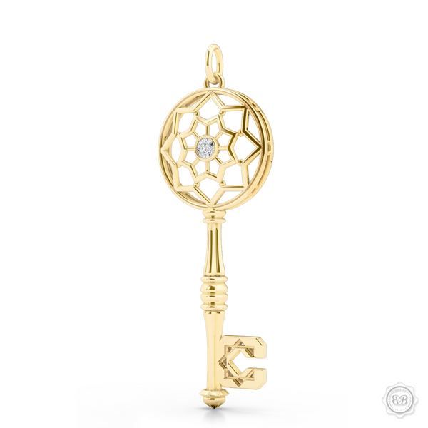 Ornate Diamond Adorned Key Pendant tribute to the Moorish Architectural Splendor of Northern Africa and Andalusía. Crafted in Classic Yellow Gold. Available in two sizes. Free Shipping USA. 30Day Returns. Free Silver Chain | BASHERT JEWELRY | Boca Raton Florida