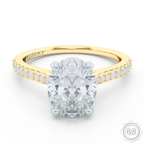 Classic Oval Cut Diamond Solitaire Ring Handcrafted in Classic Yellow Gold and Platinum. Elegant Bead-Set Diamond Shoulders. Find a GIA Certified Diamond Tailored to Your Budget. Create Your Own Dream Engagement Ring. This Design Offers a Matching Wedding Band For Her. Free Shipping USA. 30Day Returns | BASHERT JEWELRY | Boca Raton Florida
