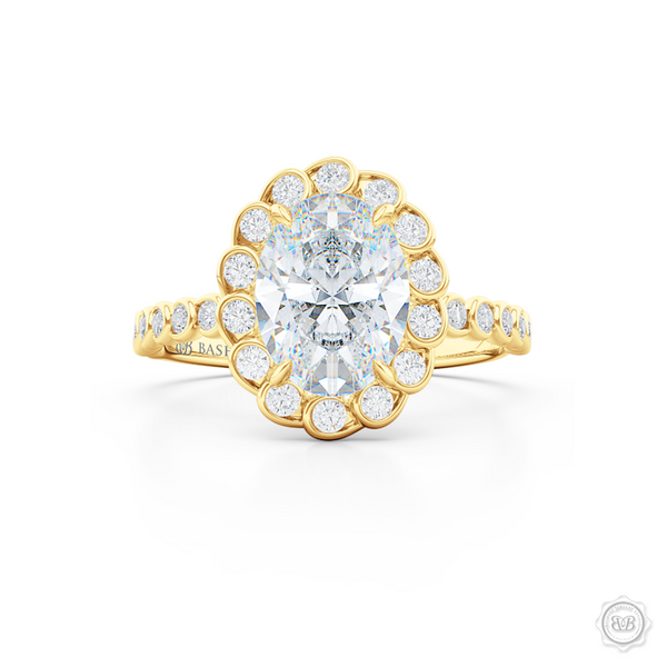 Elegant Diamond Halo Engagement Ring. Handcrafted in Classic Yellow Gold. Stunning Bezel-Set Diamonds Encrusted Halo crown fashioned as delicate Ocean waves. Free Shipping USA. 30-Day Returns | BASHERT JEWELRY | Boca Raton, Florida.