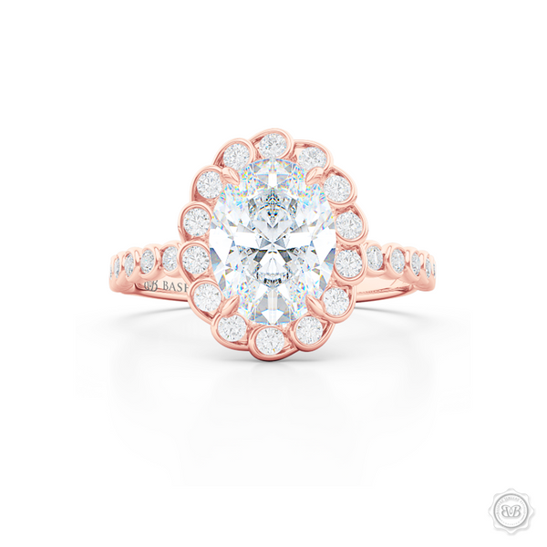 Elegant Diamond Halo Engagement Ring. Handcrafted in Romantic Rose Gold. Stunning Bezel-Set Diamonds Encrusted Halo crown fashioned as delicate Ocean waves. Free Shipping USA. 30-Day Returns | BASHERT JEWELRY | Boca Raton, Florida.
