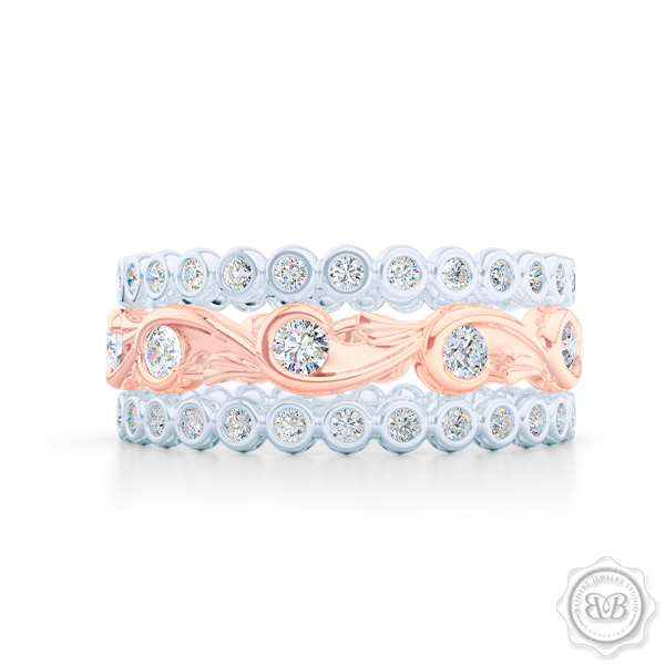 Rose-Vine Inspired, Three-Row Eternity Diamond Band. Elegantly Crafted in Two-Tone Rose Gold and White Gold, Encrusted with Round Brilliant Diamonds. Free Shipping for All USA Orders. 30 Day Returns | BASHERT JEWELRY | Boca Raton, Florida 