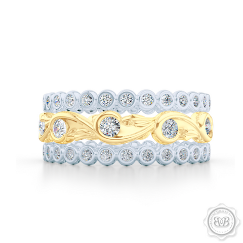 Rose-Vine Inspired, Three-Row Eternity Diamond Band. Elegantly Crafted in Two-Tone Yellow Gold and White Gold, Encrusted with Round Brilliant Diamonds. Free Shipping for All USA Orders. 30 Day Returns | BASHERT JEWELRY | Boca Raton, Florida